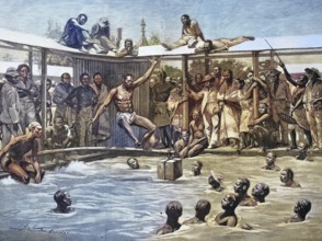Historical illustration of a game in the water, made by natives, Kimberley, South Africa/Historical