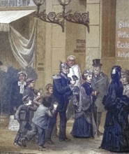 Historical illustration of people standing in front of a bank in Berlin, Germany. Children, woman