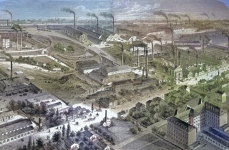 Historical illustration of the Bochumer Verein, a factory for the production of crucible steel,