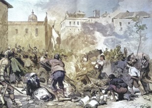 Historical illustration of the uprising in Sicily 1893. Destruction of the tax office in Monreale,