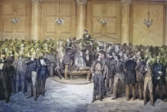 Historical illustration of the lunch break at the stock market in Berlin, Germany, bankers, stock