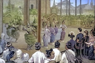 Historical illustration of the government palace of Mandalay, Burma, Myanmar, with a pantomime show