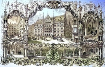 Historical illustration of the new town hall of Munich, Bavaria, Germany/Historical illustration