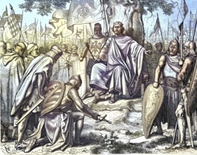 Historical illustration of the subjugation of the Saxon princes in Spira, today Speyer, Germany,