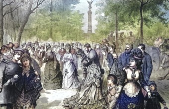 Historical illustration of an autumn afternoon in the Thiergarten in Berlin, Germany, people in the