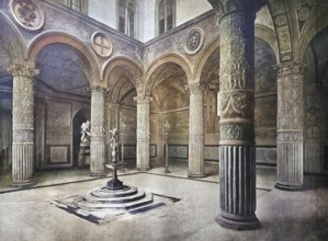 Historisches Foto (ca 1880) des Ersten Hofes mit Putto mit Delphin von Verrocchio in der Mitte und