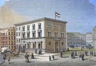 Historical illustration of the Olfener bank building in Hamburg, Germany/Historical illustration of