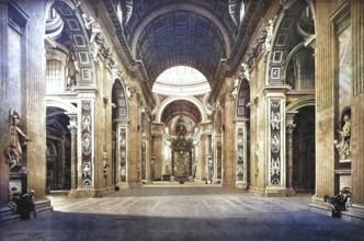 Historical photo (ca 1880) of the interior of the Papal Basilica of St. Peter in the Vatican,
