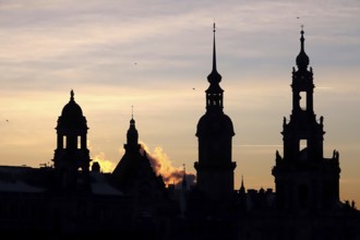 View of the old town of Dresden, castle and court church, winter evening, Dresden, Saxony, Germany