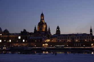 Dresden on a winter evening, Elbe, Church of Our Lady, Saxony, Germany