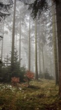 Fog envelops tall trees in an autumnal forest, Franconian Forest nature park Park