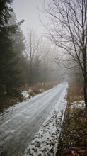 Snowy, icy trail through a foggy, quiet winter forest, Franconian Forest nature park Park
