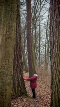Person wearing a red jacket hugging a large tree in a low-light forest scene, Frankenwald nature