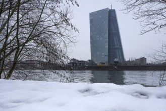 Snow begins to melt on the banks of the River Main in front of the European Central Bank (ECB) in