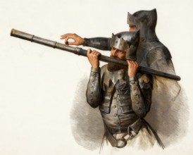 Two soldiers using a hand cannon, Bâton à feu, 14th century