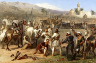 The disarming of cavalry of soldiers by the British units at Berhampur, Berhampore, Indian Mutiny,