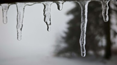 Close-up of icicles against snowy, blurred trees in the background, Rennsteig, Thuringian Forest