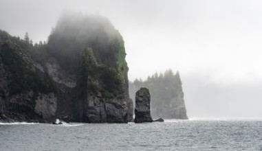 Mystical fog sweeps around rocky islands on the coast, Kenai Fjords National Park, Kenai Peninsula,