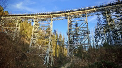 Towering metal bridge old railway bridge over a forest, illuminated by the sun, Ziemestalbrücke,