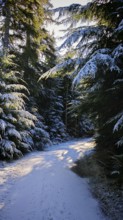 A snowy forest trail lined with thick snow-covered firs, Franconian Forest nature park Park