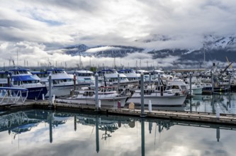 Boats in harbor, cloudy mountain peaks behind, with reflection, Seward, Kenai Peninsula, Alaska,