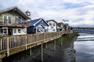 Colourful houses on the harbor, Seward, Kenai Peninsula, Alaska, USA