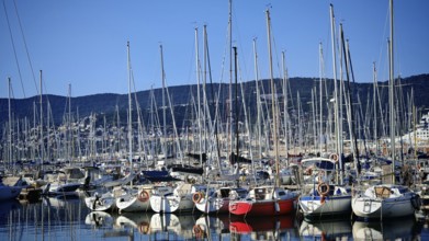 Numerous sailboats in harbor with reflecting masts in calm water against mountain backdrop,