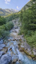 Stream flows through a wooded gorge with rocks, Soca Valley, Slovenia