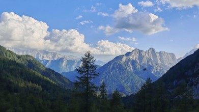 Wide mountain landscape under cloudy sky with forest cover, Slovenia
