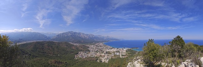 Far-reaching view of a coastal town with mountains and sea, panorama, Kemer, Lycia, Turkey