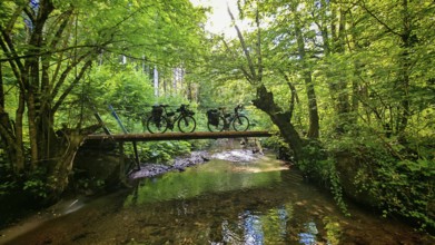 Two bikes on a bridge across a river in a green forest, Slovenia
