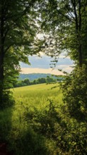 A view of a wide field surrounded by trees under a quiet sky, Franconian Forest nature park Park