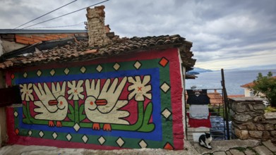 Colourfully painted house façade with dove motifs, laundry hanging to dry with cat in the