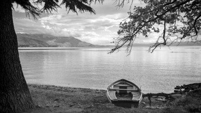 A boat on the shore of a calm lake surrounded by trees in black and white, Lake Ohrid, North