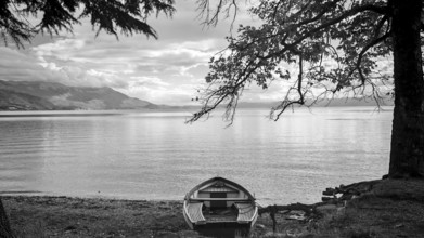 Black and white view of a boat on the shore of a quiet lake under trees, Lake Ohrid, North