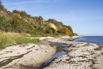 Beach and cliffs, reflection, people on the beach, autumn, Lobbe, Mönchgut, Rügen, island, Baltic
