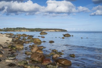 Boulders on the coast, view of Göhren cliffs, Lobbe, Mönchgut peninsula, Rügen, island, Baltic Sea,