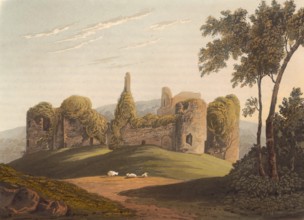 Grosmont Castle around 1850, Castell Grysmwnt, a castle ruin in Monmouthshire in Wales, authentic,
