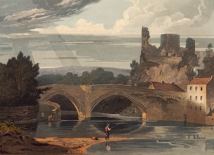 Barnard Castle, castle in County Durham in northern England with bridge over the Tees, around 1850,