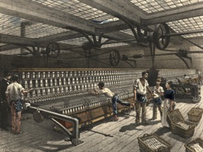 Textile processing industrial plant around 1890, mechanical spinning or machine spinning. It