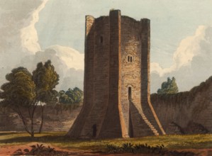 Coningsborough Castle watchtower, around 1840, medieval castle ruins in the village of Conisbrough