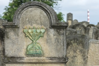Coloured relief of a five-armed candleholder on a tombstone, Jewish cemetery, since 1866,