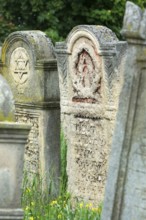 Tombstones with relief of symbols, Jewish cemetery, since 1866, Czernowicz, Bukovina, Ukraine