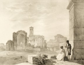 Campo Vaccino, cow pasture, 1820, the ancient Roman Forum in Rome, Italy, authentic, digitally