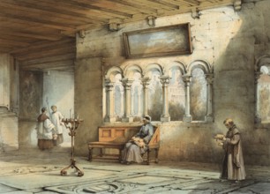 Cloister of the Basilica of Our Lady, Onze-Lieve-Vrouwebasiliek, in Tongeren, around 1860, Belgium,