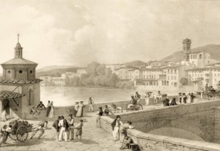 Ponte alla Carraia bridge across the Arno in Florence, around 1850, Italy, authentic, digitally