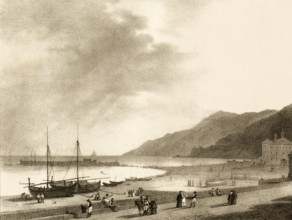 The port of Salerne, Salerno, 1830, port city southeast of Naples in Italy, authentic, digitally