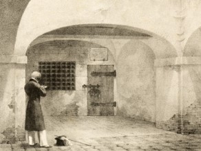 Person in front of a prison cell in the Casse prison, Ferrara, around 1850, Italy, authentic,