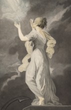The virtues: hope, allegorical figure of hope looking at a bright light in the midst of dark clouds