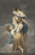 The virtues: Charity, a mother and her children, woman who is lovingly embraced by three children,